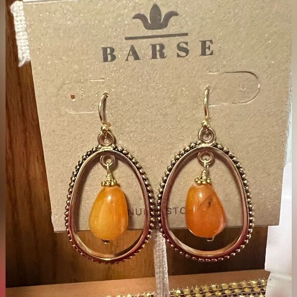 NWT Barse Orange Jade & Gold Genuine Stone Drop Fishhook Earrings Earrings - Picture 1 of 5